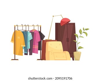 Garage Sale Items Composition With Images Of Second Hand Clothes And Furniture To Be Sold Vector Illustration