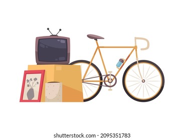 Garage sale items composition with images of second hand tv bike and wall picture to be sold vector illustration