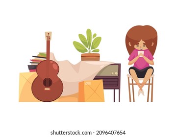 Garage sale items composition with images of second hand stuff to be sold by child character vector illustration