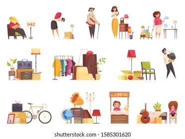 Garage Sale Items Sellers Buyers Visitors  Used Clothing Furniture Bicycle Musical Instruments Tv Set Flat Vector Illustration 