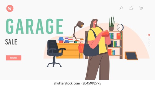 Garage Sale Landing Page Template. Female Character Visiting Antique Store or Flea Market with Various Vintage Things, Woman with Purse Buy Retro Books or Antiquities. Cartoon Vector Illustration