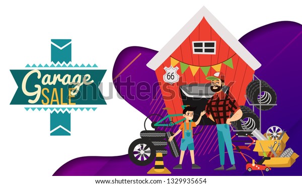 Garage sale, man and boy sell used car\
parts, tires wheels in back yard, mechanic in uniform father and\
som offers spring sale goods vector\
illustration
