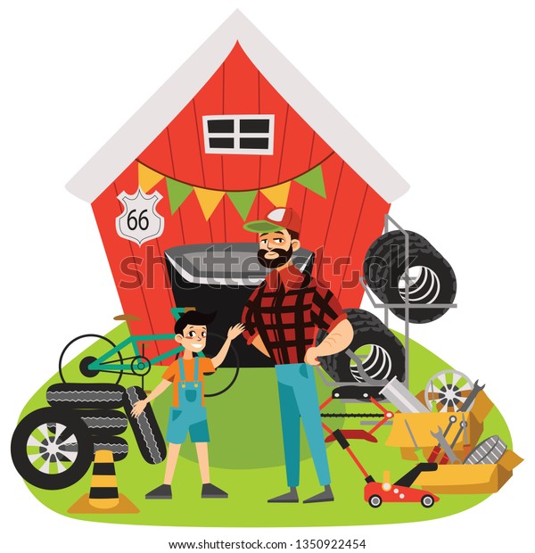 Garage sale, man and boy sell used car\
parts, tires wheels in back yard, mechanic in uniform father and\
son offers spring sale goods vector\
illustration