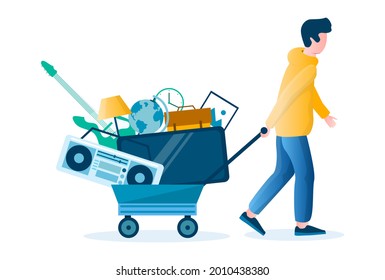 Garage sale. Man pulling cart with old household appliances and other used home goods, flat vector illustration. Yard sale, flee market.