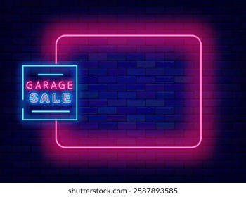 Garage sale neon flyer. Domestic shopping. Empty pink frame and text. Vector stock illustration