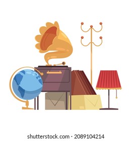Garage sale object composition with desktop globe and lamps with gramophone vector illustration