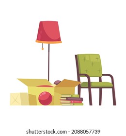 Garage sale object composition with images of chair floor lamp and box with books and ball vector illustration