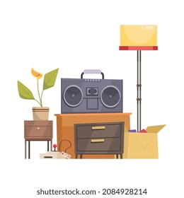 Garage sale object composition with old goods lamp cabinet and boombox with home plant vector illustration
