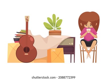 Garage sale object composition with teenager charater selling her guitar old radio and books vector illustration