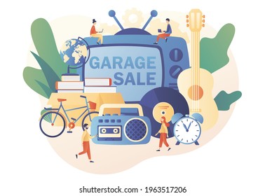 Garage sale online. Flea market. Yard sale. Tiny sellers and customers. Vintage goods or rag fair. Bazaar. Modern flat cartoon style. Vector illustration on white background