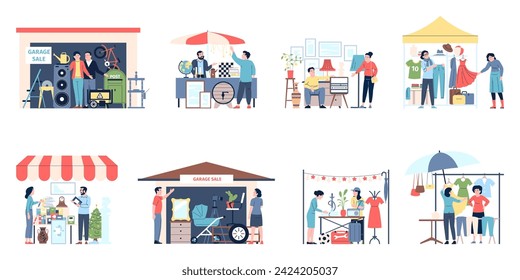 Garage sale. Outdoor flea market, sellers and customers. Second hand goods, people sell used furniture, clothes and tools, recent vector scenes