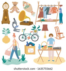 Garage sale with people choosing clothes and household items, vector illustration. Cartoon characters at flea market, used stuff and second hand items.Hand drawn girlm bicycle,old clock, garage sale.