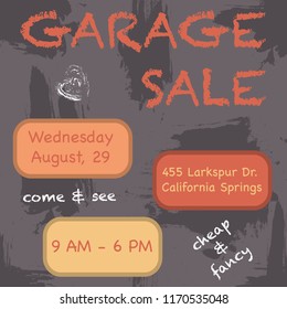 garage sale poster with chalk lettering, time, date and address information on bricks.