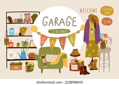 Garage sale poster. Flea market items. Second Hand clothes. Shopping bazaar. Invitation banner. Rare things. Stylish finds. Antique lifestyle. Garment hangers. Garish