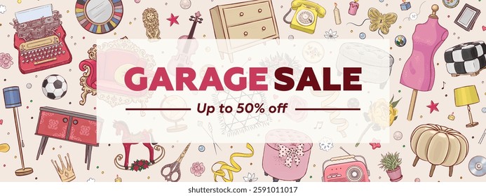 Garage sale promotional web banner, poster or flyer design template with hand drawn vintage furniture and interior design elements. Real estate concept vector illustration