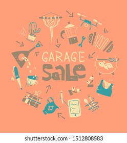 Garage Sale. Reuse, mindful living, eco living. Geyser coffee maker, kitchenware, musical instruments, drone, handmade items. Poster or banner template.