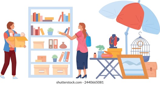 Garage sale scene. People buy stuff illustration isolated on white background