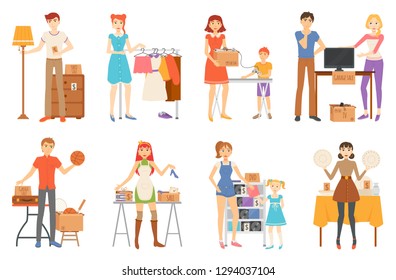 Garage sale and second hand staff, selling goods vector. Yard sale of furniture and clothes, technology and sport items, music discs and kitchenware isolated characters