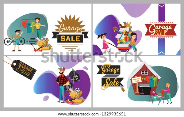 Garage\
Sale, Sellers sell old goods low price clearing house spring, used\
clothes and shoes, Man sells spare parts tires for cars. Children\
bought boxed second hand toys vector\
illustration