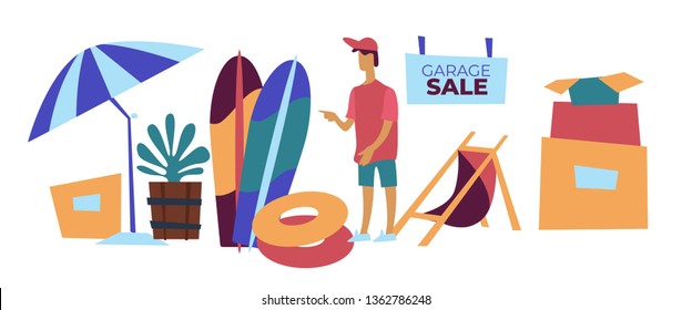 Garage sale selling beach items second hand goods vector umbrella and surfboard inflatable ring or life buoy and recliner plant and cardboard boxes boy customer shopping declutter surf and parasol.