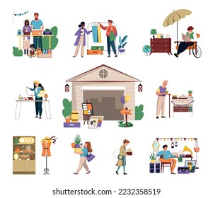 Garage sale set with bazaar symbols flat isolated vector illustration