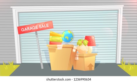 Garage sale, sign with box near a door. Outside the house. Selling things before the move. Let's moving! Vector cartoon illustration