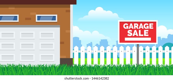 garage sale sign on green grass lawn white fence on blue sky background