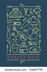Garage sale sign. Template for poster, banner, flyer.Yard sale flyer template. Vector line style illustration.