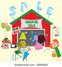 Garage Sale with signs and household items