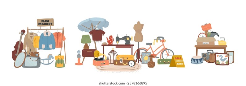 Garage sale street stalls, flea market offering used tools, vintage goods, old furniture, second hand clothes vector illustration. Neighbors charity or auction at yard marketplace cartoon composition