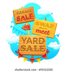 Garage sale, Swap meet, Yard sale, Information signs of wood with direction signs, vector illustration in cartoon style