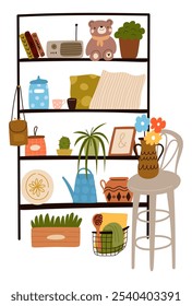 Garage sale things. Flea market products compositions. Vintage stuff arranging. Second Hand clothes and furniture. Fair bazaar shelf. Rack with interior stuffs. Garish