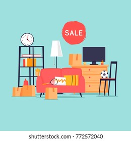 Garage sale, unnecessary things. Flat design vector illustration.