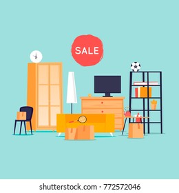 Garage sale, unnecessary things. Flat design vector illustration.