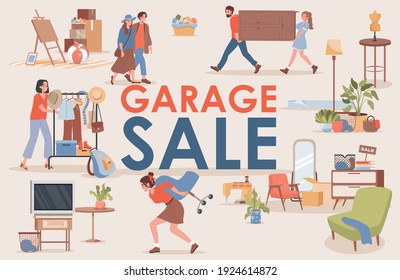 Garage sale vector flat banner template with text space. Happy smiling men and women buy and sell vintage clothes and furniture. Second hand shop or flea market poster concept.