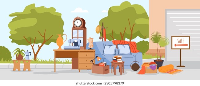 Ilustración vectorial de venta de garaje. Escena del mercado de pulgas de caricatura con muebles de casa antiguos y cosas de moda retro, cosas añejas en caja para los compradores en el patio de la casa, paquete de bienes para vender y comprar