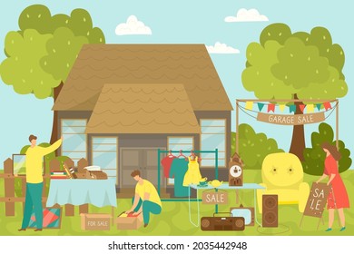 Garage sale, vector illustration. Flat people character sell goods near home, second hand shop and flea market at house backyard.