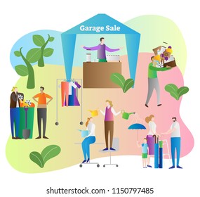 Garage sale vector illustration. Store and shop organize in house yard property to sell old and used items, things and household products. Process to empty home. Clients with pile of stuff in garden.