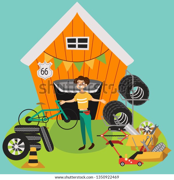 Garage sale, woman sell used car parts,\
tires wheels in back yard, girl offers spring second hand sale\
goods vector\
illustration