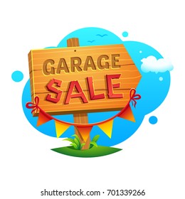 Garage Sale, wooden pointer with a hand written inscription and decoration on the background of a landscape vector illustration