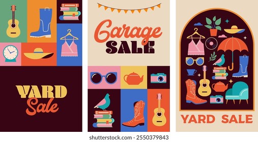 Venta de garaje, pósters de venta de patio, folletos, Plantillas postales. Mercado de pulgas de estilo retro, diseño de Vector de concepto de venta de segunda mano y garaje