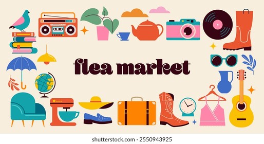 Garage Sale, Yard sale posters, flyers, post templates. Retro style flea market, second hand and garage sale concept vector design