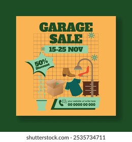 Venda de garagem e venda de Jarda modelo de banner de postagem de mídias sociais, anúncio de banner da web do mercado de pulgas, folheto quadrado ou design de modelo de poster