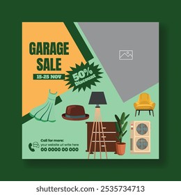 Venda de garagem e venda de Jarda modelo de banner de postagem de mídias sociais, anúncio de banner da web do mercado de pulgas, folheto quadrado ou design de modelo de poster