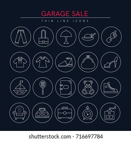 Garage sale and yard sale thin line icons. Design elements for 
Websites, Banners, Posters, Signs. Vector line style illustration.