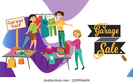 Garage Sale Young beautiful women at the weekly cloth market, girls choose clothes at the sale of used items, seller and buyer in market outdoor, shopping vector illustration