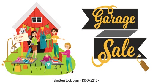 Garage Sale Young beautiful women at the weekly cloth market, girls choose clothes at the sale of used items, seller and buyer in market outdoor, shopping vector illustration