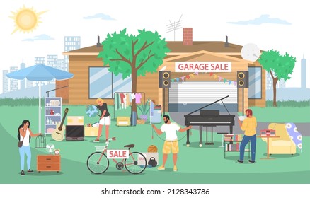 Garage sales, flat vector illustration. People buying used home furniture, household appliances, clothes, music instruments, books, dishes, sport items etc. Yard sale, flea market.