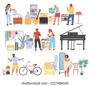 Garage sales set, flat vector isolated illustration. People buying used home furniture, household appliances, clothes, music instruments, books, dishes, sport items. Yard sale, flea market.