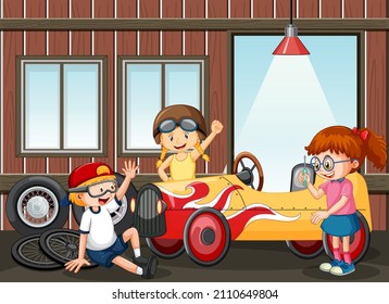 Garage scene with children fixing a car together illustration